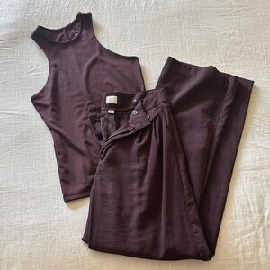 🤎 Matching Dark Plum Set (Tank + Satin Pants) – Chic Minimal Outfit